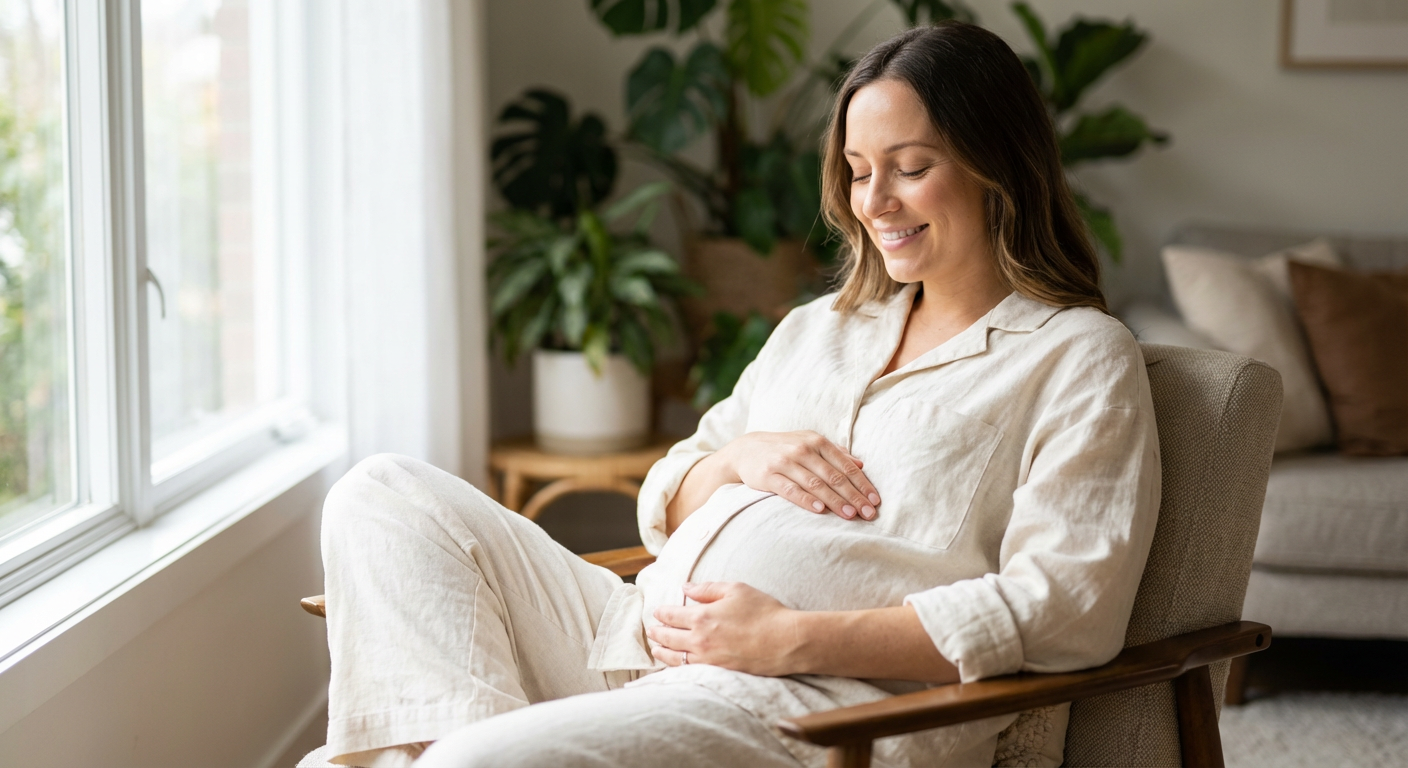 Mulher grávida com as mãos na barriga, sorrindo, sentindo-se bem apesar das mudanças hormonais.