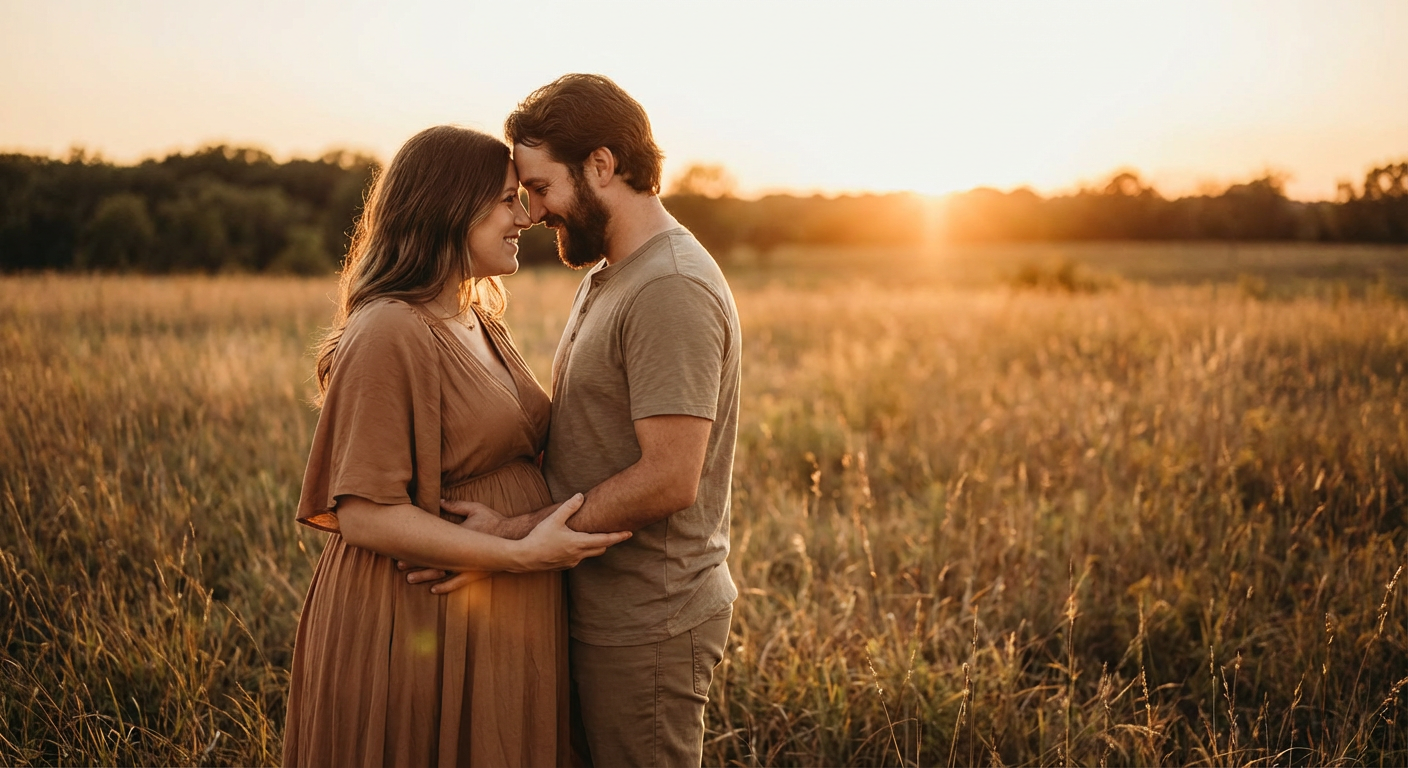 Casal grávido abraçado em um campo, olhando para o pôr do sol, representando apoio e bem-estar emocional durante a gravidez.